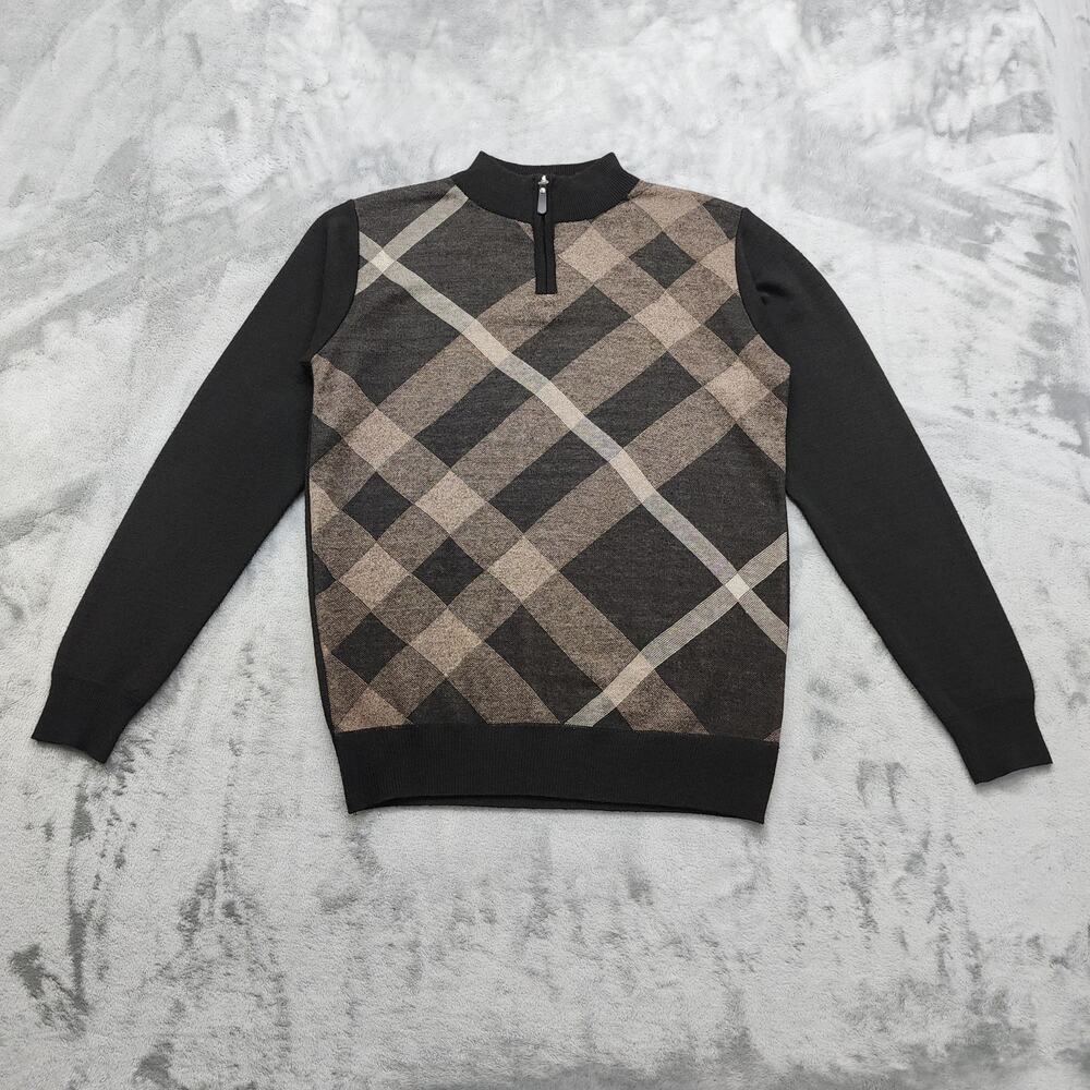 Vintage Y2K Studio by Omega Sweater Mens S Black Brown Plaid 1/4 Zip Pullover‎